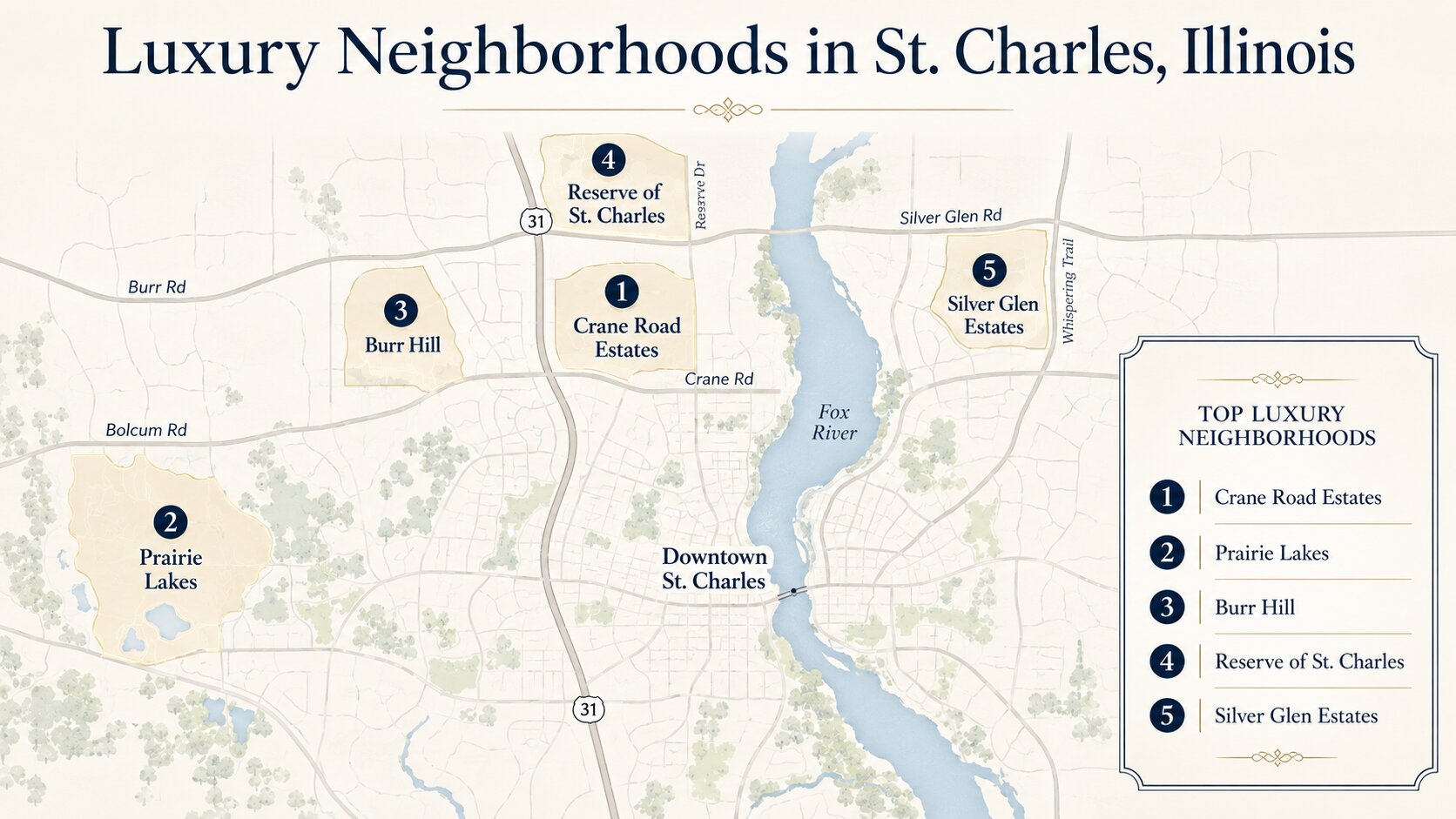 Map of luxury neighborhoods in St. Charles IL including Crane Road Estates, Prairie Lakes and Burr Hill